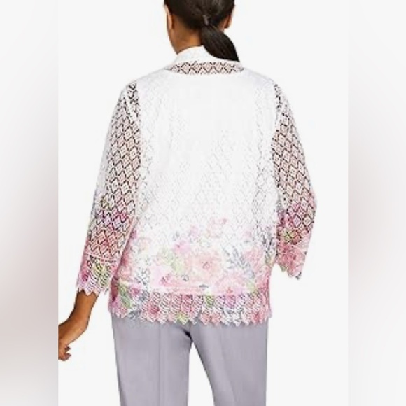Alfred Dunner Woman Blouse Jacket 20W White Floral Lace Open Front Sheer wb - Picture 5 of 9